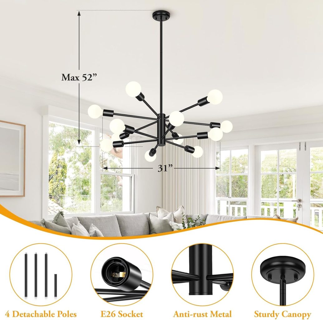 12 Light Modern Chandelier for Dining Room, Black Light Fixture