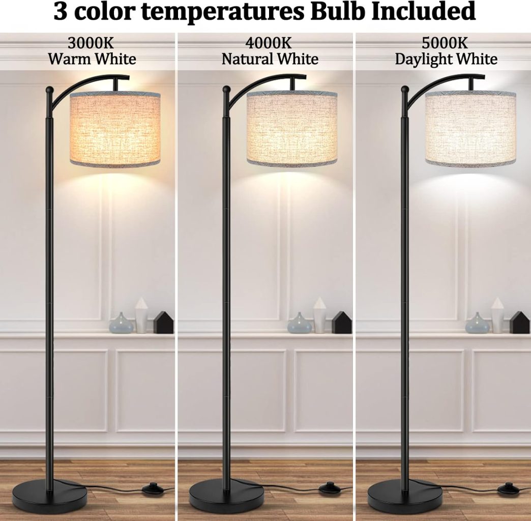 ROTTOGOON Floor Lamp for Living Room with 3 Color Temperatures LED Bulb, Standing Lamp Tall Industrial Floor Lamp Reading for Bedroom, Office (9W LED Bulb, Beige Lampshade Included) -Black