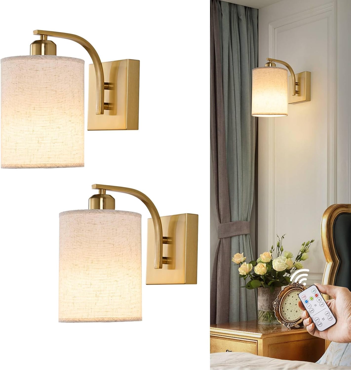 Gold Rechargeable Wall Sconces Set of 2 with Remote, Wireless Battery Operated Dimmable LED Wall Lights, Cordless Wall Lighting Lamp Fixture for Bedroom Living Room