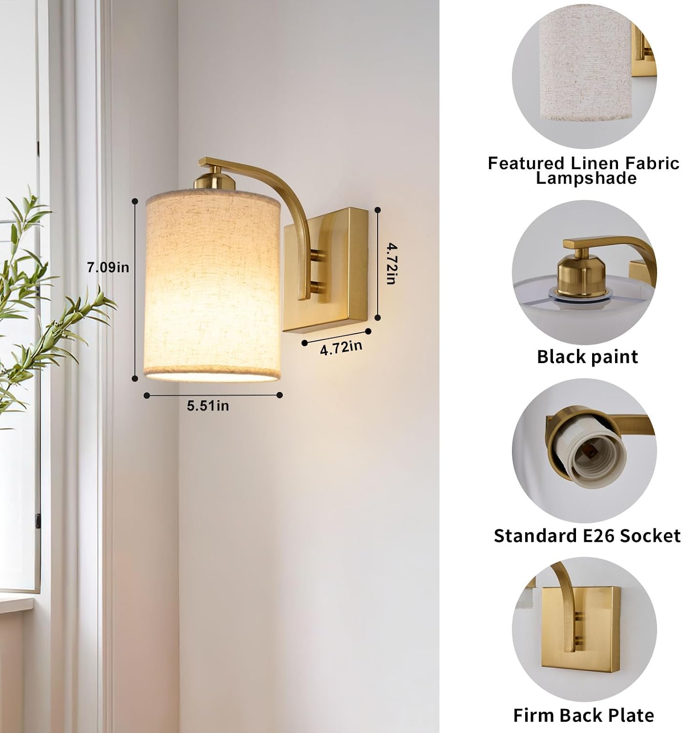 Gold Rechargeable Wall Sconces Set of 2 with Remote, Wireless Battery Operated Dimmable LED Wall Lights, Cordless Wall Lighting Lamp Fixture for Bedroom Living Room