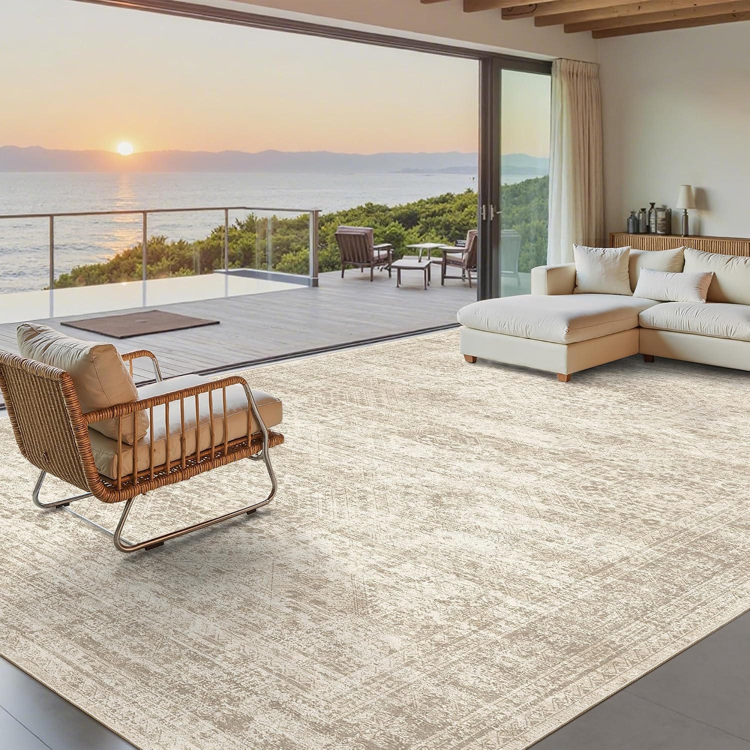 Soalmost Washable Area Rug 8×10 Large Soft Beige Rugs for Living Room